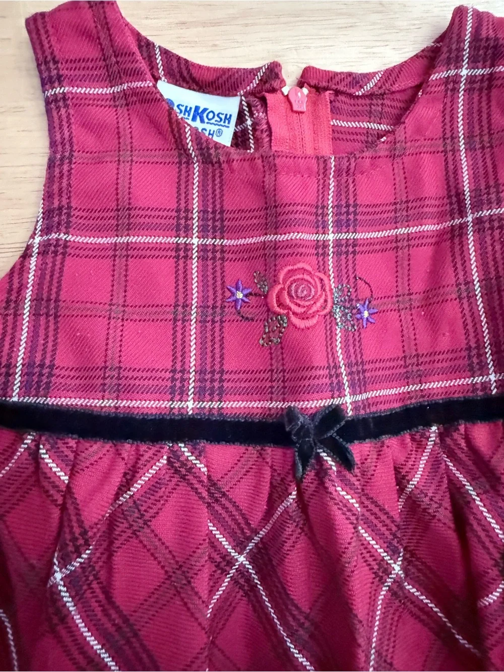 Vintage Y2K Oshkosh B’Gosh Red Plaid Embroidered Floral A Line Dress 12 Months